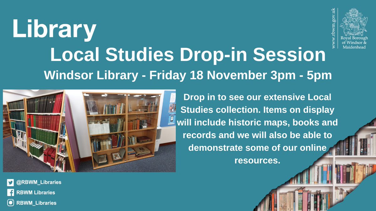 RBWM_Libraries's tweet photo. Interested in the history of Windsor? Drop-in to #WindsorLibrary on Friday 18 November from 3pm-5pm and chat with our Local Studies Librarian, who will be able to show you our extensive Local Studies collection and related online resources. https://t.co/mR9KnWZ7pA