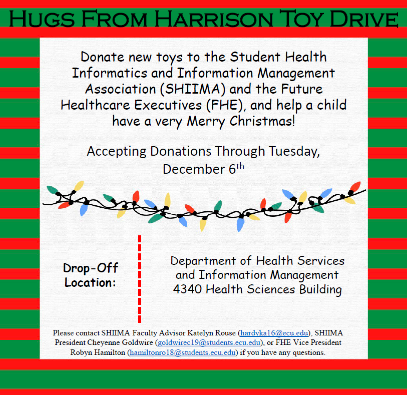 ecuhsim's tweet photo. Donate new toys to the Student Health Informatics and Information Management Association (SHIIMA) and the Future Healthcare Executives (FHE), and help a child have a very Merry Christmas! Donations will be accepted through Tuesday, December 6th. #HSIM🎄 https://t.co/UZ6yJJ3YA2