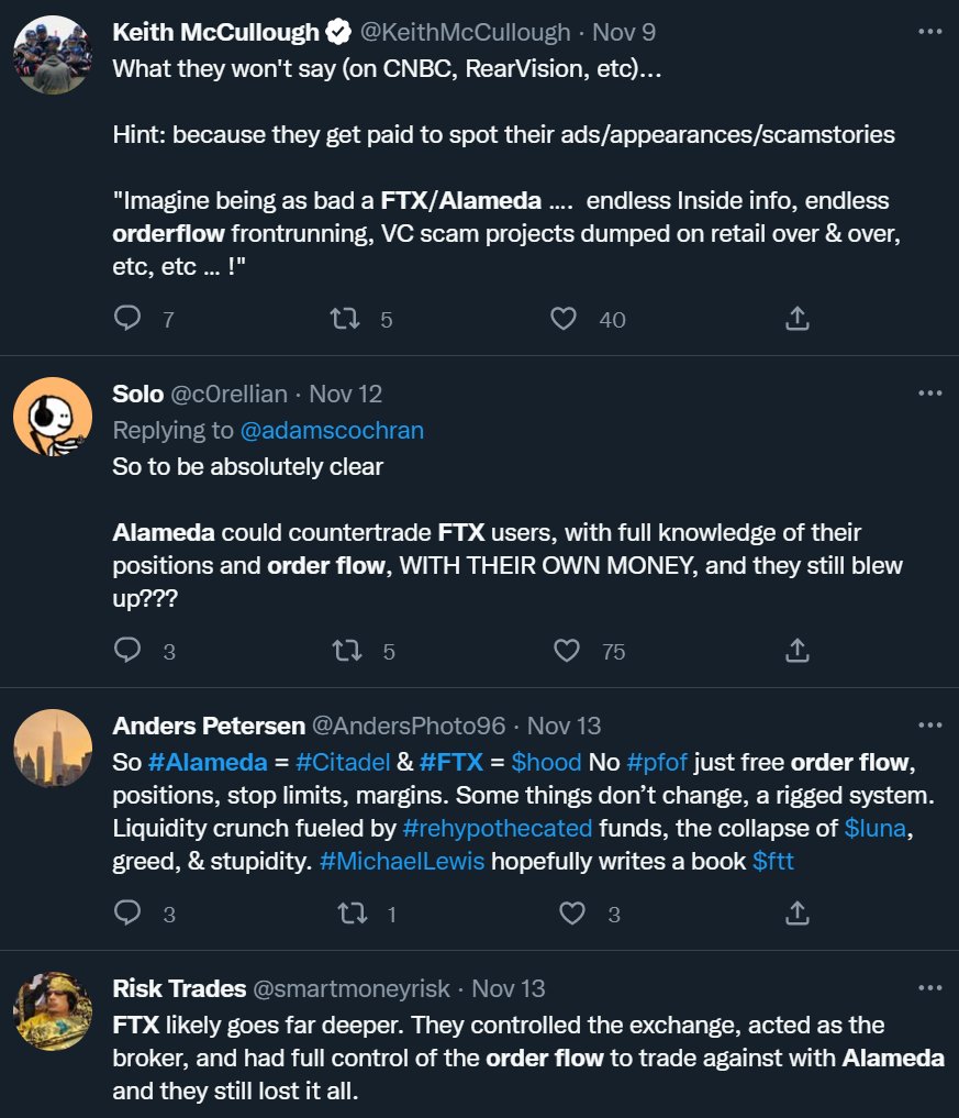 At times, mostly NOT in the past week, we would mention how order flow privileges (PFOF or internalization) were most likely prevalent in crypto. Many scoffed, as if largely unregulated entities wouldn't readily accept additional sources of revenue.

It seems all is now clear.