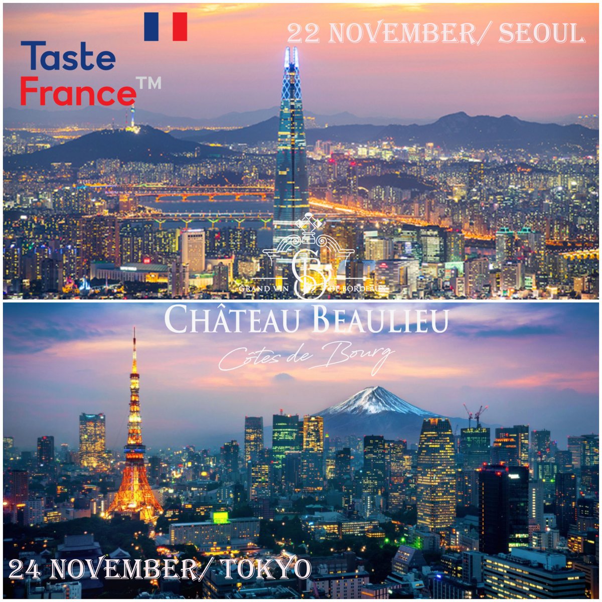 WE WILL BE PRESENT WITH TASTING FRANCE IN SEOUL ON THE 22/11 AT THE NOVOTEL SEOUL AMBASSADOR GANGNAM AND IN TOKYO ON THE 24/11 AT THE HAPPOEN HOTEL.

WE LOOK FORWARD TO PRESENTING OUR WINES TO YOU.