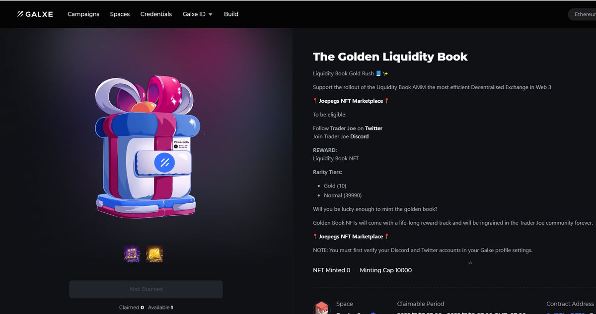 Huy1359's tweet photo. 📙 Trader Joe trên Galxe đã có thông về Campaign The Golden Liquidity Book vào lúc 23h tối nay

Box sẽ Random ra 1 trong 2 loại Liquidity Book:
+ Normal Liquidity Book NFT
+ Golden Liquidity Book NFT

Anh em đã có gas fee để claim con này chưa nhỉ ? Tương tác mạnh lên nào https://t.co/rnwzwD7NpR
