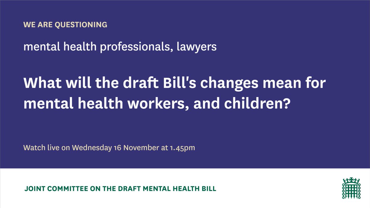 On Wednesday 16 November at 1.45pm we have two panels: one with mental health workers, another on children and young people Hearing from @BASW_UK @AmhpLeadsNet @theRCN Dr Gareth Owen, and then Dr Camilla Parker 📺Watch here: parliamentlive.tv/Event/Index/0f…