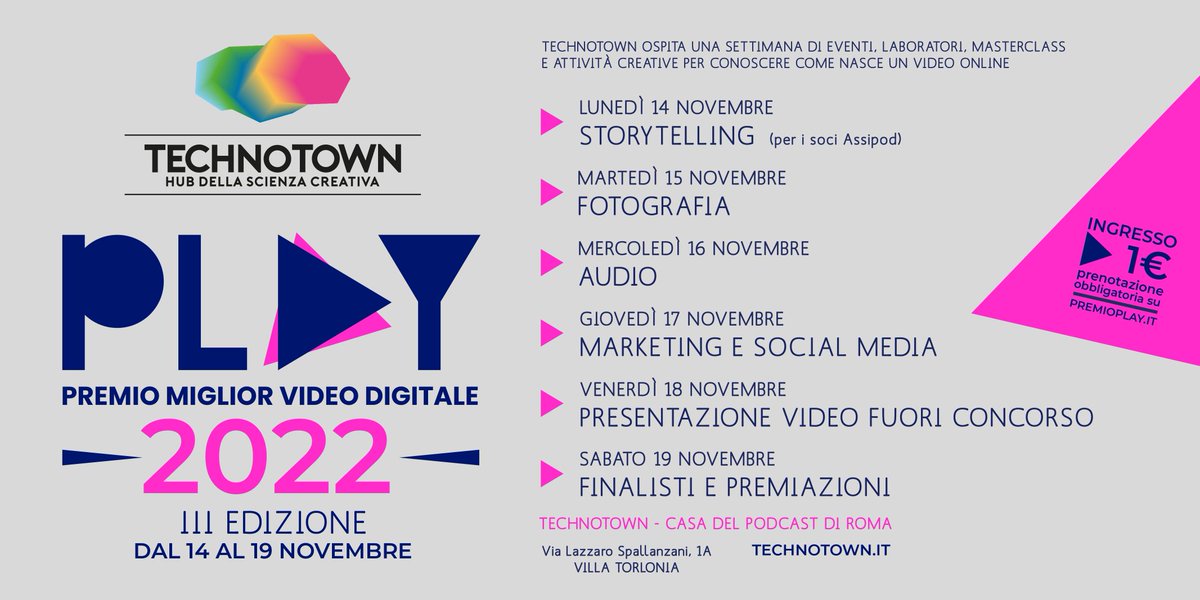 Oggi seconda straordinaria giornata di laboratori e masterclass per il #premioplay2022 il programma completo lo trovate sul nostro sito
technotown.it Oggi giornata dedicata alla fotografia #premioplay