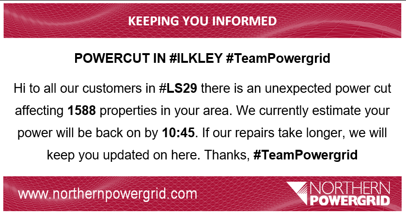 Northpowergrid's tweet photo. POWERCUT IN #ILKLEY #TeamPowergrid https://t.co/I0wfc2pRqh