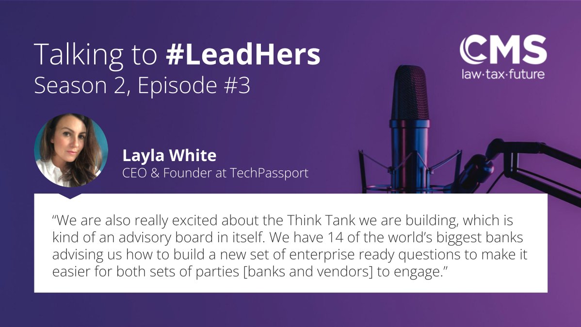 CMSequIP's tweet photo. Don't miss the latest episode of our Talking to #LeadHers podcast. Gemma Hall is joined by Layla White from TechPassport. Learn more about the Think Tank they are building to help large banks engage with FinTechs: https://t.co/xsmGMk33nh

#cmslaw #cmsequIP #FinTech https://t.co/bxXMO1QPXe