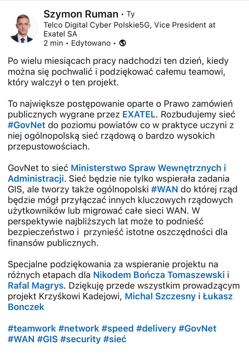 SzymonRuman's tweet photo. 🔥To największe postępowanie oparte o pzp wygrane przez @exatel_pl🔥
Rozbudujemy sieć #GovNet do poziomu powiatów co w praktyce uczyni z niej ogólnopolską sieć rządową o bardzo wysokich przepustowościach
@MSWiA_GOV_PL @NikodemBT @RafalMagrys
Więcej info👇🏻
https://t.co/0PycIeghcJ https://t.co/7Of9UJZcmR
