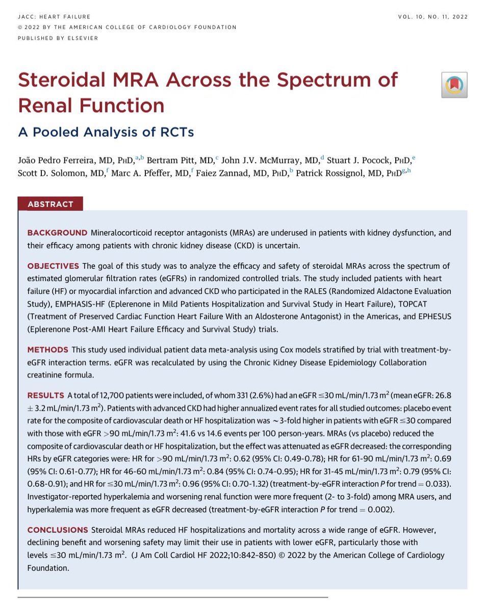 GiuseppeGalati_'s tweet photo. Another proof of efficacy &amp; safety of #MRA across the spectrum of renal function.
Probably the most overlooked class of drug among the 4 pillars in #HFrEF
Looking forward to #FINHEARTS #SPIRIT &amp; #SPIRRIT for proof for of benefit in #HFmrEF &amp; #HFpEF
@ACCinTouch 
@AndrewJSauer https://t.co/DCS0kaBILw