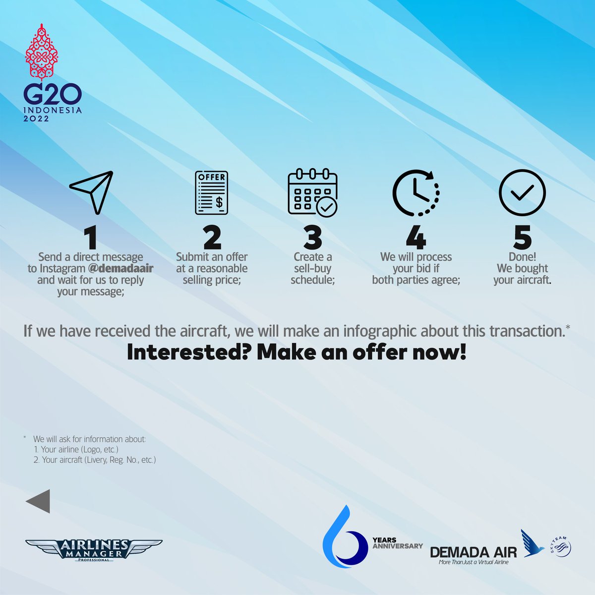 DEMADAAIR's tweet photo. WE ARE LOOKING FOR: BOEING 737-800 TO PURCHASED!

Do you have Boeing 737-800 and want to sell it? If so, we will buy it at a reasonable price on second-hand market.

How it's work? Swipe this infographic.

#DEMADAAIR #DEMADAGroup #AirlinesManager #AirlinesPainter #Playrion https://t.co/SYd7CCHcTF