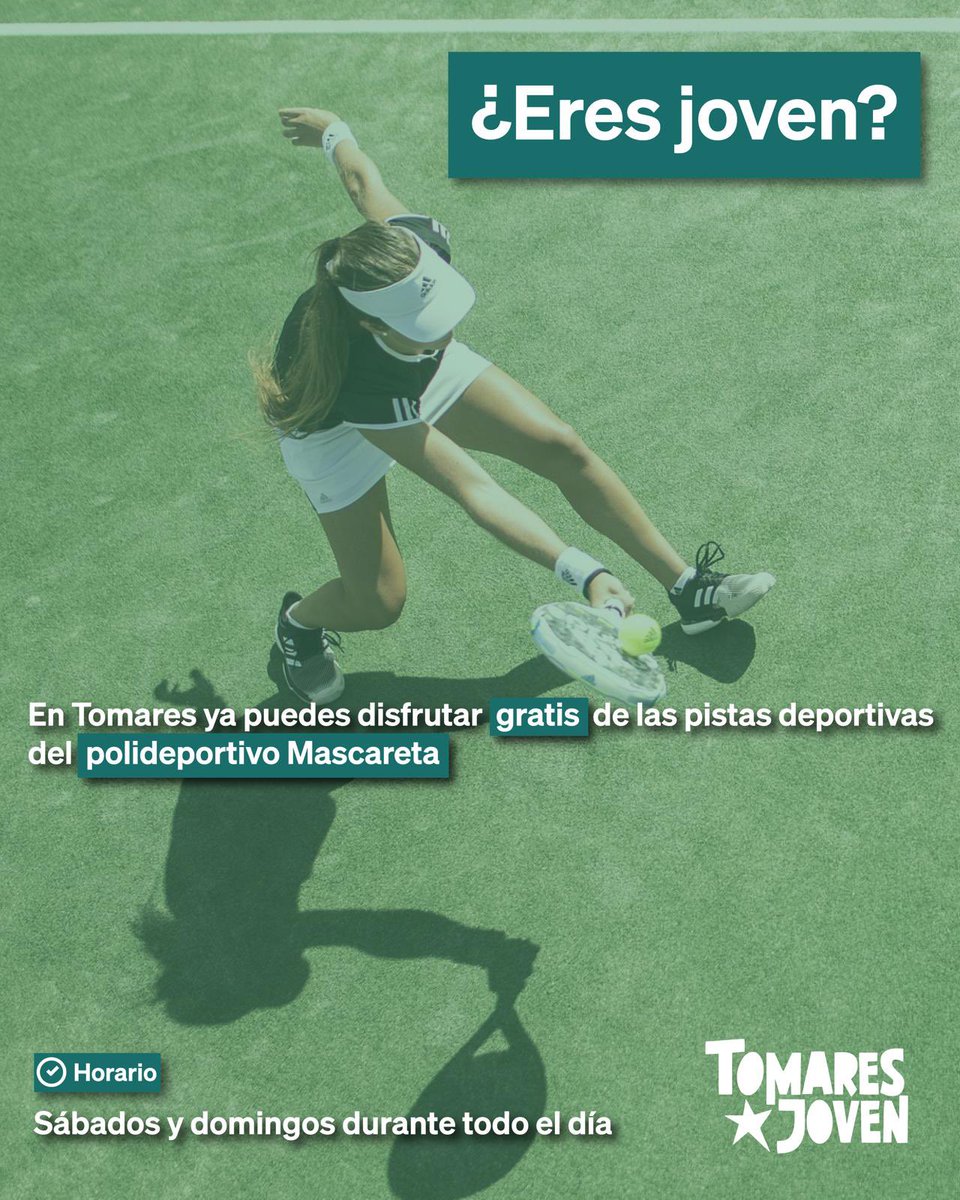 ¡Recuerda! 👉🏻 En #Tomares, los jóvenes podemos disfrutar de manera gratuita de las pistas deportivas del Polideportivo Mascareta los fines de semana.

⛹🏻‍♂️⚽️🎾 Tenis, Padel, Futbol…

Más info: tomares.es