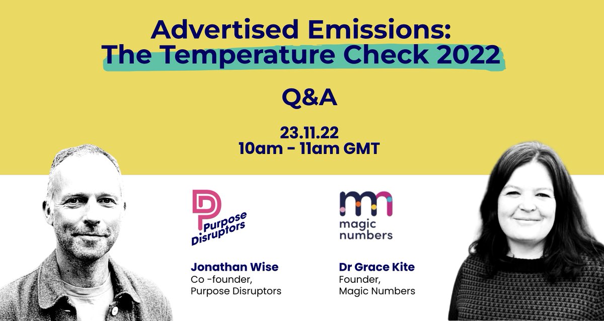 Join us next week for our Advertised Emissions: Temperature Check 2022 Q&amp;A. <a href="/JonathanMWise/">Jonathan Wise</a> &amp; <a href="/Grace_Kite/">Dr Grace Kite 🪁</a> the report authors will share highlights from the upcoming report and answer your Qs. 
Not one to miss!

10am - 11am, 23rd of Nov.
Register for free 👉
eventbrite.co.uk/e/464429650587
