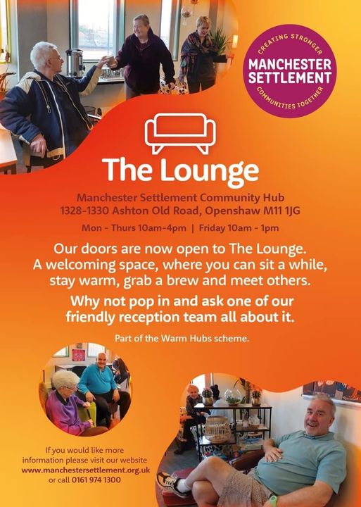 Feeling cold? Don’t want to put the extortionate heating on at home? Feeling lonely & fancy a chat? Come and hang out in The Lounge at Manchester Settlement. We would love to share our warm hub with you 🔥 #warmhub #CostOfLivingCrisis #community #manchester #TogetherWeCan