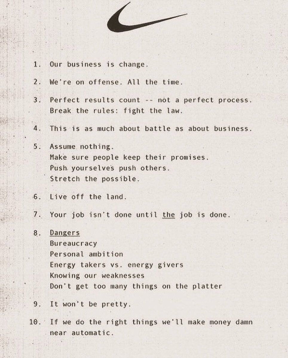 harrietgreen1's tweet photo. I recently was sent Nike’s 1977 Internal Memo that set the stage for the company to become a $135 Billion business. Thought it was fascinating to compare these principles to the ones many companies aspire to today. Any thoughts? #business #Entrepreneur #leadership #work https://t.co/I6mwkqYvLl