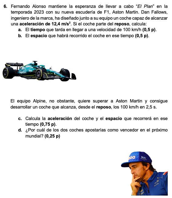 🙌💪Esta es una de las cuestiones fundamentales planteadas a mis alumnos en su examen de Física de 4ºESO 🏎️

Y por lo que he leído parece que lo tienen bastante claro...😜

<a href="/victorabadf1/">Víctor Abad</a> <a href="/alobatof1/">Antonio Lobato</a> <a href="/tonicuque/">Toni Cuquerella</a> <a href="/PedrodelaRosa1/">Pedro de la Rosa</a> <a href="/AlbertFabrega/">Albert Fabrega</a> <a href="/ElReyGuiri/">ElReyGuiri</a> <a href="/jacvega/">Jacobo Vega</a>