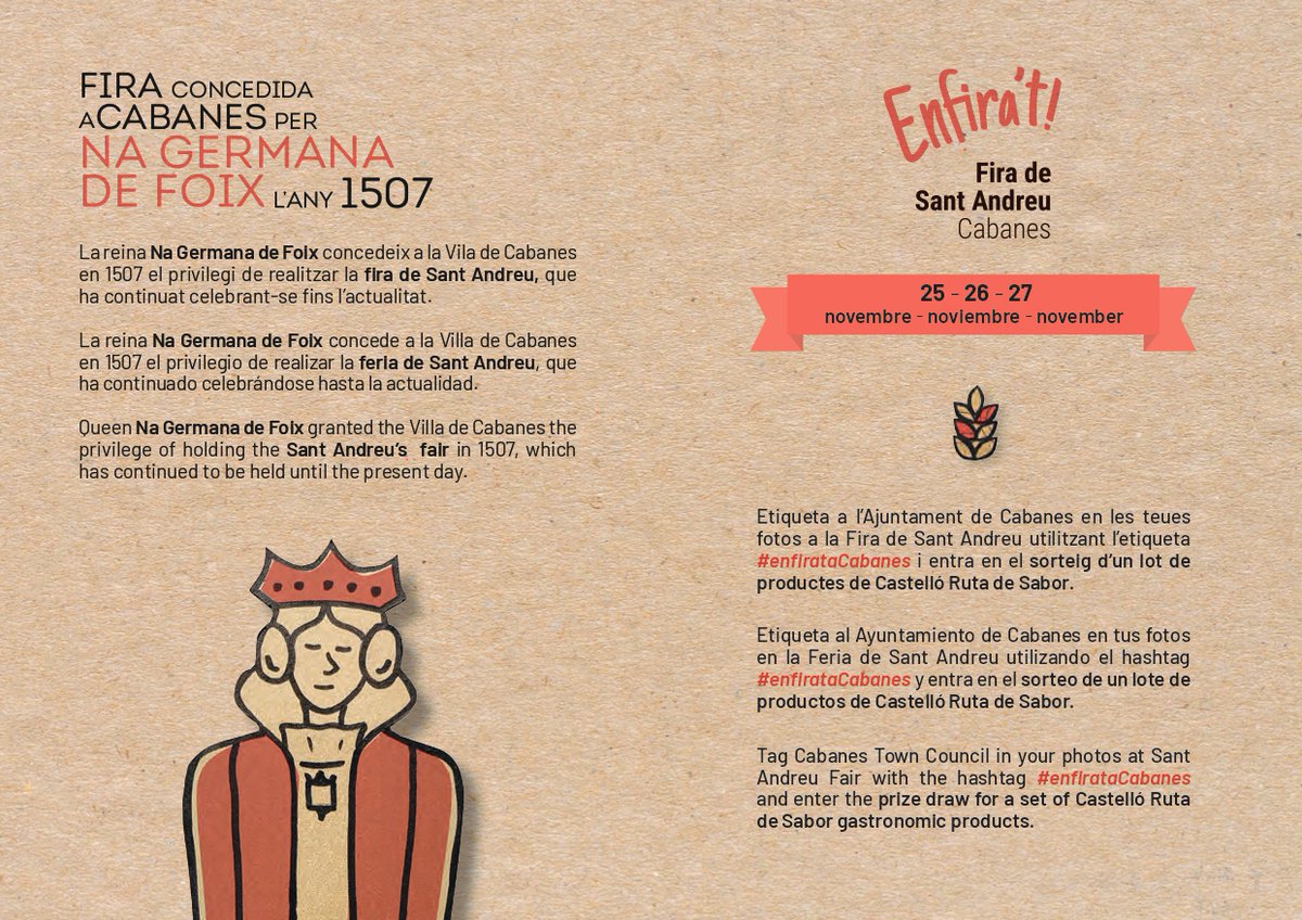 AjuntamentC's tweet photo. 🤩 Cada vegada queda menys per gaudir d'una nova edició de la històrica i ancestral Fira de Sant Andreu a Cabanes!

🔎 En les imatges següents teniu tota la programació disponible del cap de setmana del 25 al 27 de novembre. https://t.co/o4DdErdKAz