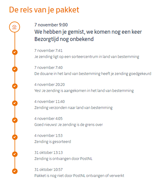 Viefff's tweet photo. @PostNL Op 31 oktober hebben wij een pakket gestuurd naar België. Deze is op 7 november aangeboden, maar klant was niet thuis. Volgens jullie Track&amp;Trace komen ze nog een keer, maar bezorgtijd onbekend. Wanneer wordt deze nogmaals aangeboden? https://t.co/GKID2ZOUlu