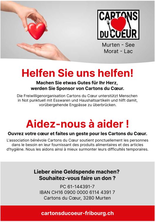 Die Freiwilligenorganisation #Cartonsducoeur ist seit 1996 im Seebezirk aktiv und unterstützt Menschen in Not punktuell mit Esswaren und Haushaltsartikeln.
cartonsducoeur-fribourg.ch/de/
#seebezirk #Not #hilfe #freiwilligenarbeit #spenden #hilfmit