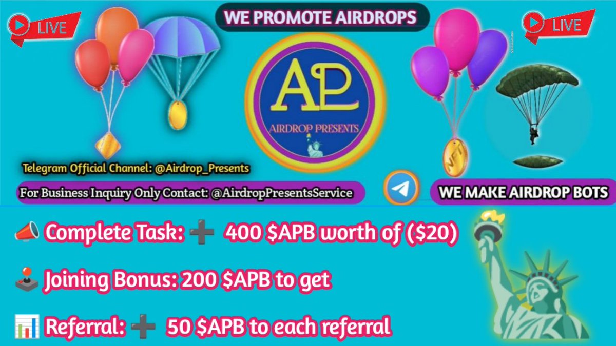 😘 New airdrop ~ Airdrop Presents 🟢

💲 Reward: 400 worth of $20 + 50 #APB each to referrals with joining get 200 $APB

💎 Presents Ratings: ⭐ ⭐ ⭐

➡️ Airdrop Bot For Airdrop Presents
t.me/airdrop_Presen…

🪘Distribution Instantly in Your Wallet .