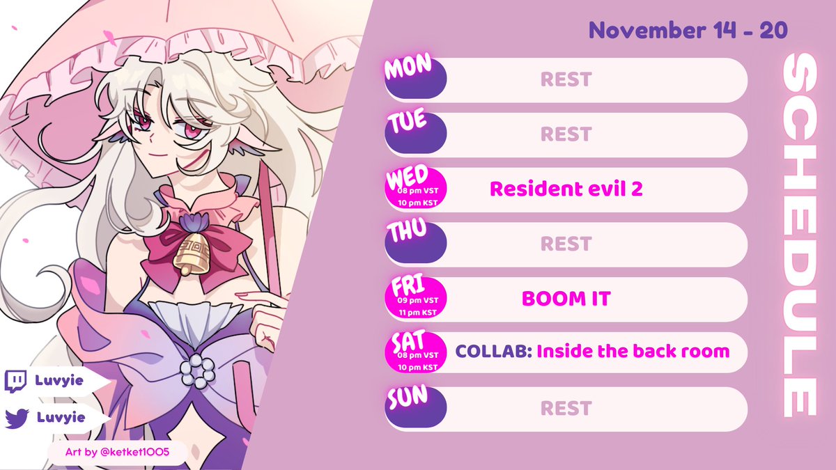 Luvyieie's tweet photo. This is new schedule from 14-20th November
I'll have a stream collab with VN Vtuber at Saturday ๐ฅฐ๐ฅฐ๐ฅฐ
We'll see again tomorrow. Bye bye, hope 'Flans' have a good day โค๏ธ
#ใใคใใฅใผใใผ #ResidentEvil2 #BOOMIT #insidethebackroom #VTuber #๋ฒํ๋ฒ https://t.co/sjxcnbwdxH