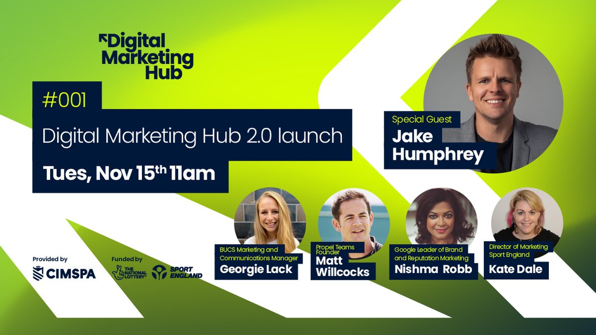 CIMSPA Digital Marketing Hub (@cimspa_dmh) on Twitter photo It's #DigitalMarketing Hub launch day! 🚀
Join <a href="/mrjakehumphrey/">Jake Humphrey</a>, <a href="/nishmarobb/">Nishma Patel Robb 💃🏾</a> <a href="/WillcocksMatt/">Matt Willcocks</a> <a href="/kate_dale/">Kate Dale</a> and <a href="/GeorgieLackPR/">Georgie Lack</a> TODAY at 11am to hear all about how the Hub can improve your digital marketing expertise.
Sign up here to secure your place
👇
digital.cimspa.co.uk It's #DigitalMarketing Hub launch day! 🚀
Join <a href="/mrjakehumphrey/">Jake Humphrey</a>, <a href="/nishmarobb/">Nishma Patel Robb 💃🏾</a> <a href="/WillcocksMatt/">Matt Willcocks</a> <a href="/kate_dale/">Kate Dale</a> and <a href="/GeorgieLackPR/">Georgie Lack</a> TODAY at 11am to hear all about how the Hub can improve your digital marketing expertise.
Sign up here to secure your place
👇
digital.cimspa.co.uk