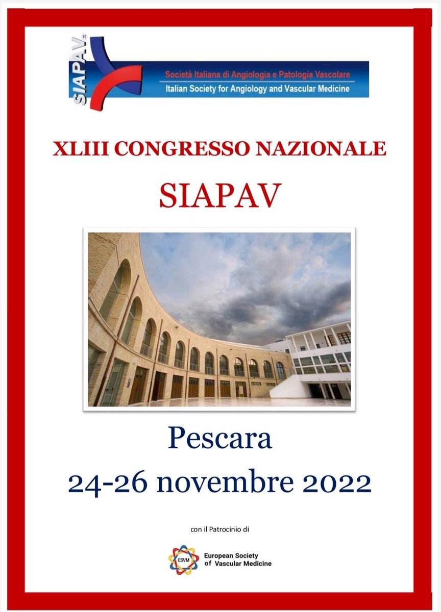 FedericaFogacci's tweet photo. Mancano 9 giorni al XLIII Congresso Nazionale della Società Italiana di Angiologia e Patologia Vascolare @SIAPAV_angio , patrocinato da @ESVM_ ✨
Ci vediamo a #Pescara , per parlare della #nutraceutica che fa bene al 🫀!
#SIAPAV #Angiologia https://t.co/8GVh7d8vf9
