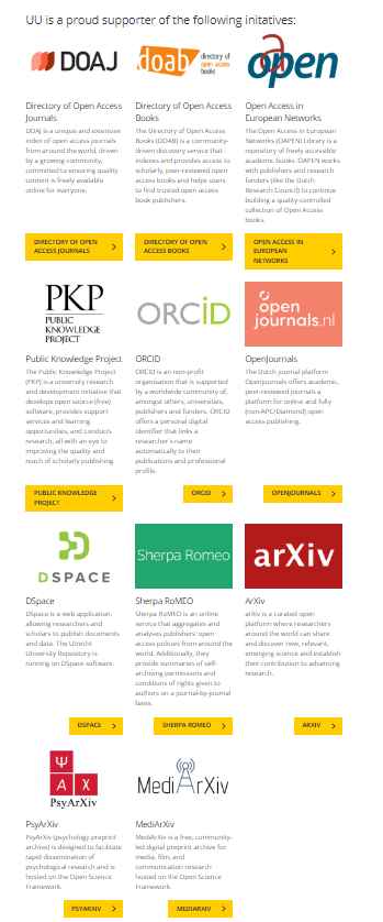 jeroenbosman's tweet photo. As of today, our @UniUtrechtLib lists the 11 initiatives/infrastructures in open access and open science that @UniUtrecht supports financially: @DOABooks @DOAJplus @ORCID_Org @OAPENbooks @pkp @openjournalsnl @dspacetweets @arxiv @PsyArXiv @MediArxiv  https://t.co/MAjWSCGL0C https://t.co/e6dl5NHNhC