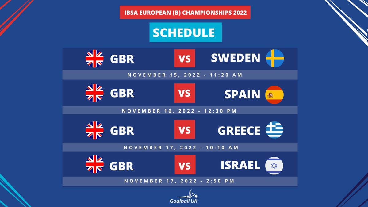 GB Men's first Euros game against Sweden 🇸🇪 starts at 11:20am today.

Watch live on the Youtube 👇youtube.com/watch?v=MfSK5-…

GB - Sweden today 11:20
GB - Spain 16 Nov 12:30
GB - Greece 17 Nov 10:10
GB - Israel 17 Nov 14:50

#LetsGoGB #Goalball #GoalballFamily🔵💙