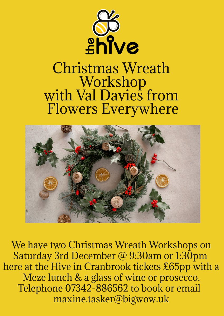 Join Flowers Everywhere at The Hive 
<a href="/HiveHubs/">HiveHubs</a>
   for Christmas Wreath Workshops on Saturday 3rd December at either 9.30am or 1.30pm.

Places are limited, please book early so you're not disappointed !

bigwow.uk/event/christma…