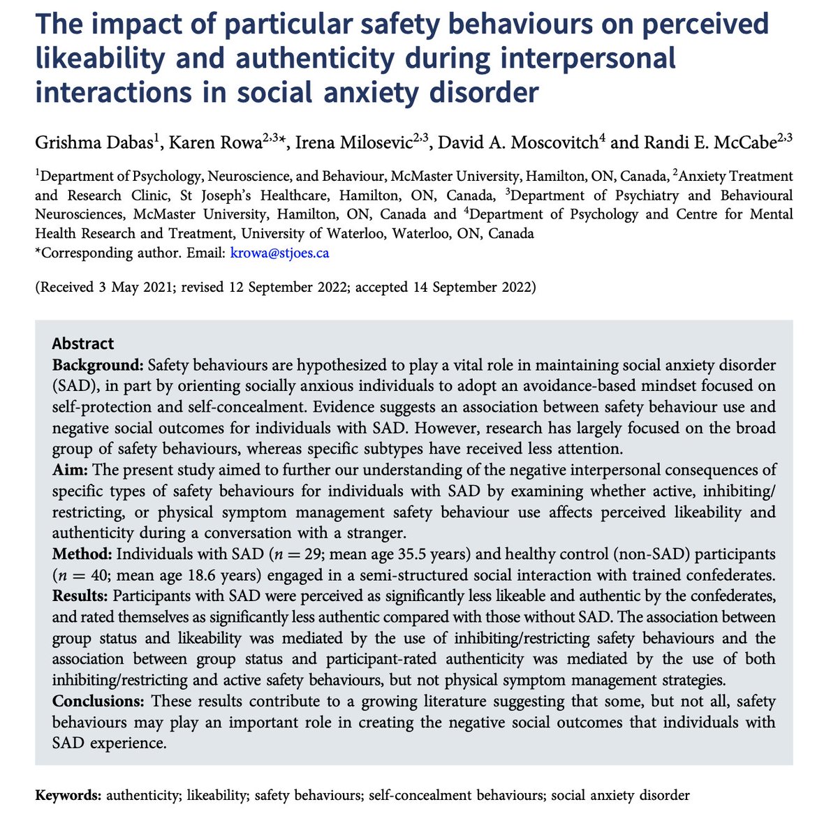 tCBT & BCP are on BlueSky etc (@thecbtjournal) on Twitter photo New BCP FirstView paper:
The impact of particular safety behaviours on perceived likeability and authenticity during interpersonal interactions in social anxiety disorder
Full free text at cambridge.org/core/journals/…
Follow tCBT 🐘theCBTJournal@mastodon.social New BCP FirstView paper:
The impact of particular safety behaviours on perceived likeability and authenticity during interpersonal interactions in social anxiety disorder
Full free text at cambridge.org/core/journals/…
Follow tCBT 🐘theCBTJournal@mastodon.social