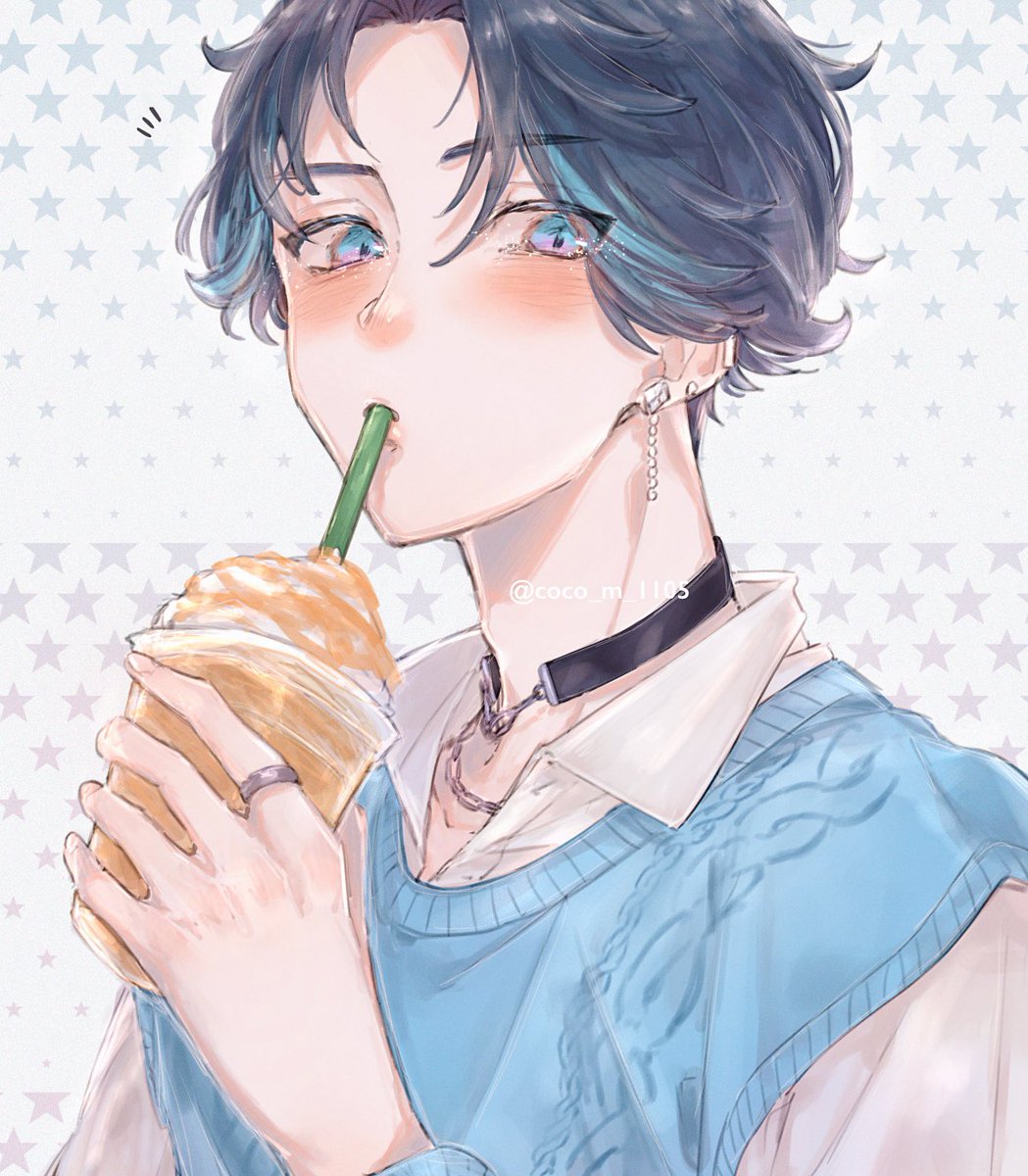 1boy male focus jewelry solo blue eyes cup blue hair  illustration images