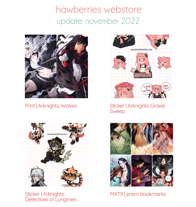 hawberries_'s tweet photo. [store]

Hiiii! More MXTX bookmarks and Arknights stickers are in the store! If you're shopping for the holidays, especially from outside of Australia, ordering before December is recommended!

As always, thank you for your continued support! 💛

https://t.co/LdPAz6PagR https://t.co/DWJAQGQixo