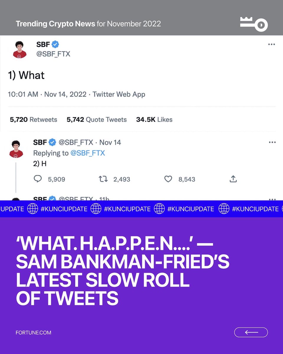 Kuncicoin_id's tweet photo. Entering 3rd Week of November, let’s look what we have in #KunciUpdate this week 📰🔎

1. @elonmusk Addresses @b20 in Dark 
2. ‘What. H.A.P.P.E.N….’ — Sam Bankman-Fried’s latest slow roll of tweets @SBF_FTX 

1/3 https://t.co/lNKMwHvD7y