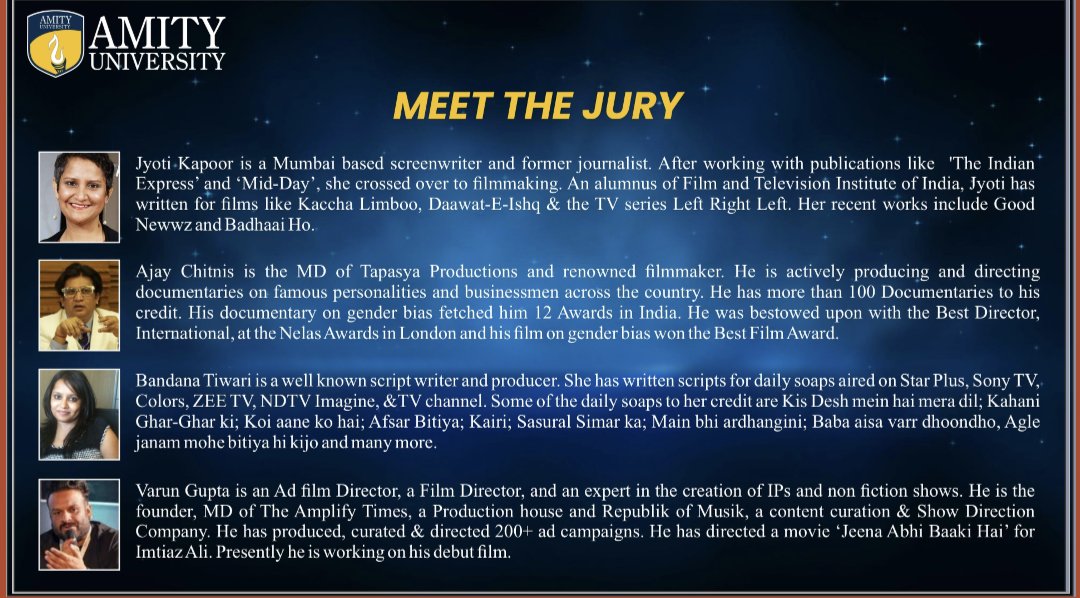 janjuamehak's tweet photo. Amity International Film Festival's Jury on Board #AIFF
#ThePrometheanSpace
@NIMISHKAPOOR31 @KapoorJo @republikvarun @rubaidashfaq @ujjvalchandra2 #amityuniv https://t.co/FcMI4jKLCI
