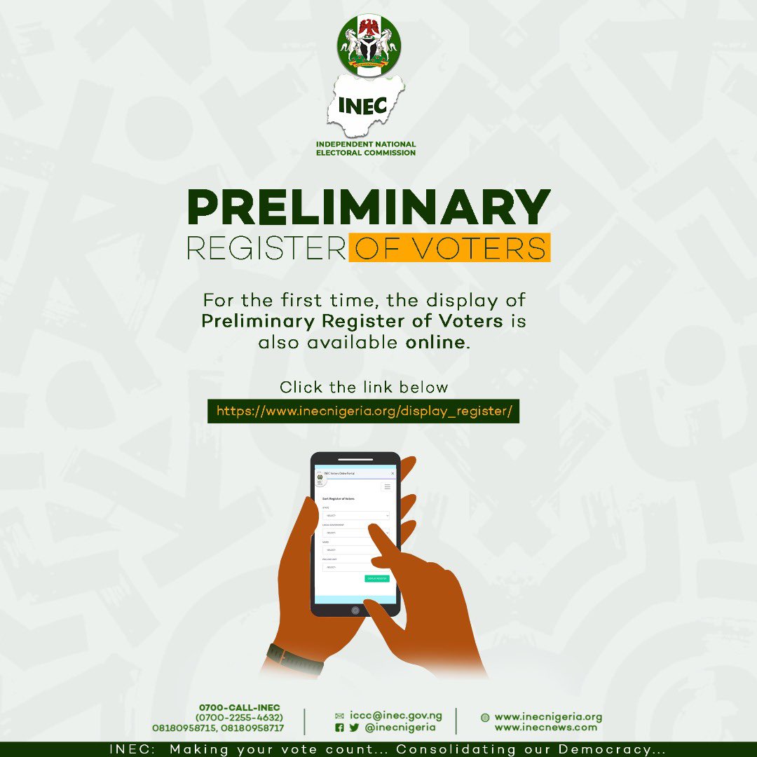 inecnigeria's tweet photo. Day4: Display of Preliminary Register of Voters.
For the first time, the display of Preliminary Register of Voters is also available online.#DisplayOfRegister
#NigeriaDecides2023
Click the link below
https://t.co/6GAe46jjcW https://t.co/WwivV0yxNR