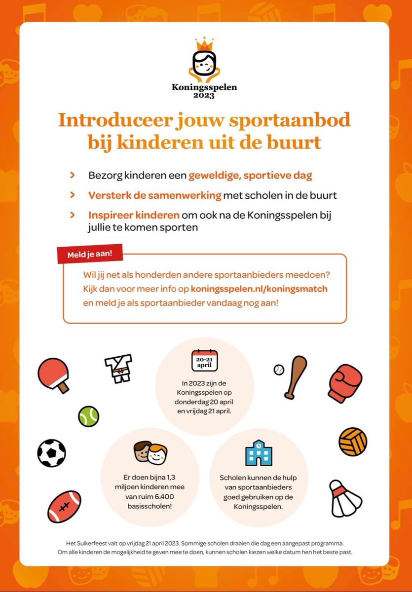 Wil jij - als sportaanbieder - scholen helpen bij het sportieve gedeelte van de Koningsspelen? 

Check ⬇️

#koningsspelen #koningsmatch #samenbewegen #gezondontbijten 

koningsspelen.nl/informatie/kon…
