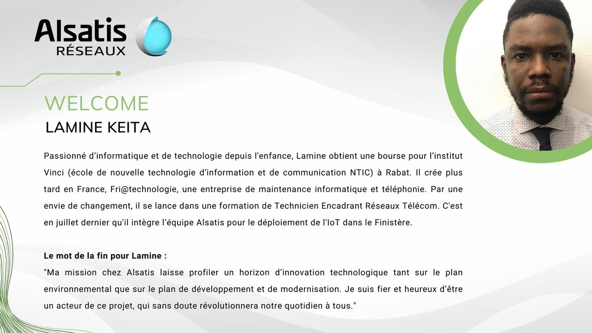 ✨ Alsatis Réseaux s'agrandit ! 

Nous vous présentons Lamine Keita, qui rejoint l'équipe Réseaux pour le déploiement de l'IoT dans le #Finistère !

Bienvenue dans la famille Alsatis.😉

#alsanews #telecom