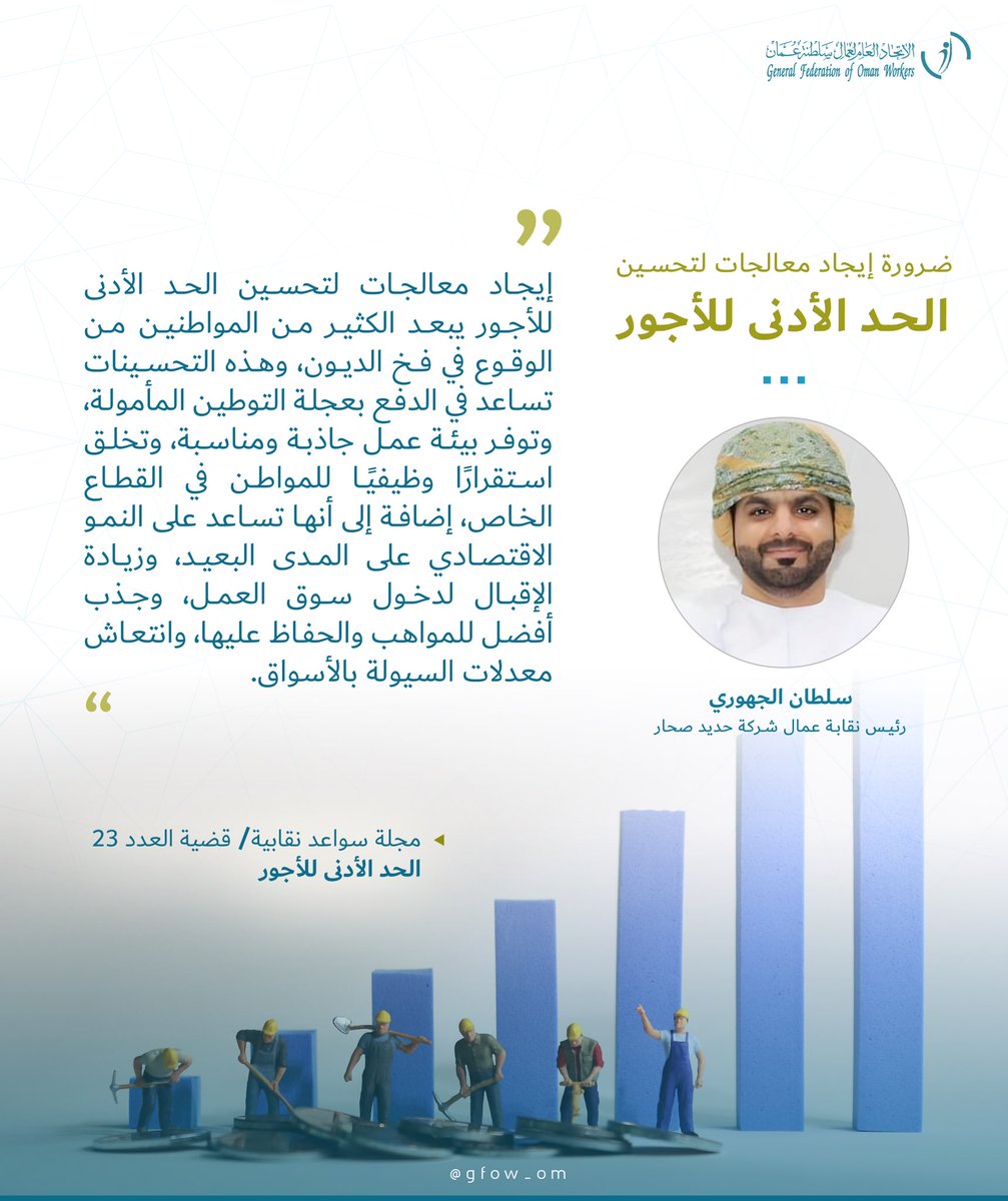 سلطان الجهوري لمجلة #سواعد_نقابية:تحسين الحد الأدنى للأجور يبعد المواطنين من الوقوع في فخ الديون، ويخلق استقرارًا وظيفيًا للمواطن في القطاع الخاص، ويجذب المواهب ويحافظ عليها، وينعش معدلات السيولة بالأسواق.

اقرأ المزيد: gfow.om/?p=5176 

#اتحاد_عمال_السلطنة