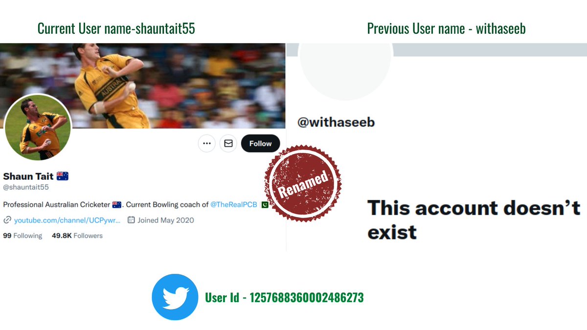 WhBlowers's tweet photo. Another ID went from being @withaseeb to now impersonating as @shauntait55 Shaun Tait and claims to be a professional Australian Cricketer @elonmusk @Twitter https://t.co/kq4r55B60p