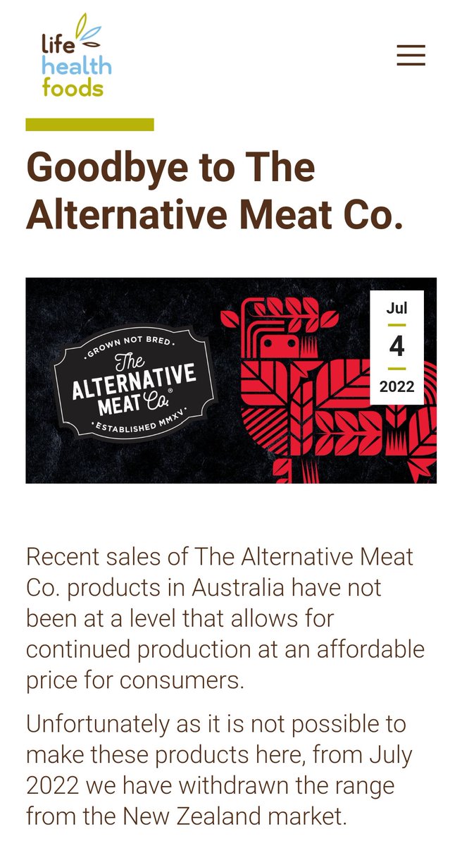 <a href="/JulianMellentin/">Julian Mellentin</a> now Sanitarium's Alternative Meat Co has closed up shop, too!! 
New Zealand closed in June.
Australia folded in August. The website link altmeatco.com goes straight to Sanitarium now... 
@TraceyMcbeath <a href="/lowcarb_aus/">Low Carb Down Under</a> <a href="/lowcarb_wa/">Sanjeev Balakrishnan</a> <a href="/FructoseNo/">Gary Fettke</a> @jamescophoto
