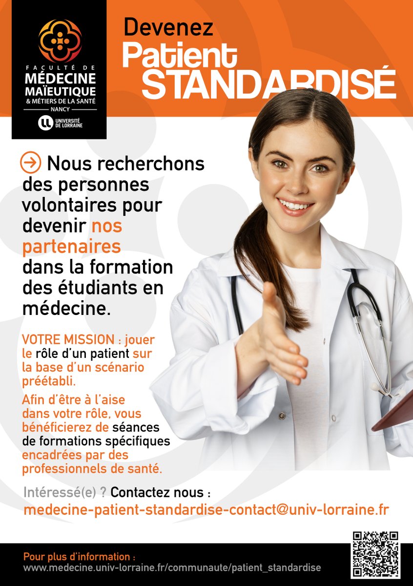 Fac_Medecine_UL's tweet photo. Participez à la formation de nos futurs médecins !
Nous recherchons des personnes volontaires pour intégrer notre groupe de patients standardisés.
Vous serez formé à jouer le rôle d'un patient lors de sessions de formation ou d’évaluation des étudiants. 
➡️https://t.co/m0Sf2OfdD5 https://t.co/OPhZoIJEwN