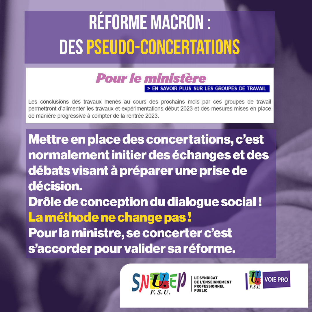 SNUEPFSU's tweet photo. 🚨Réforme #Macron des #lyceespro : des pseudo-concertations !
➡️La méthode ne change pas !
Toutes et tous en #grève jeudi #17novembre pour sauver le #lycéepro
#FSUVoiePro #snuepfsu #AvecLaFsuPourGagner #PLP #FSU #grève #réforme #SauvonsLeLyceePro #balancetareforme https://t.co/0gHVWW2y4U