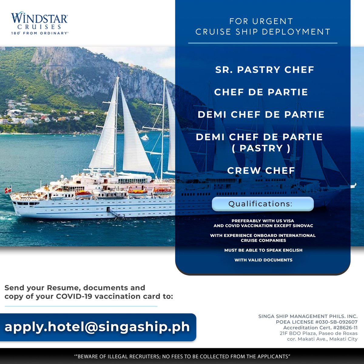 SingaShipPH's tweet photo. Send your Resume, documents and copy of your COVID-19 vaccination card to

apply.hotel@singaship.ph

‘BEWARE OF ILLEGAL RECRUITERS; NO FEES TO BE COLLECTED FROM THE APPLICANTS” https://t.co/fo7W5JFzZ6