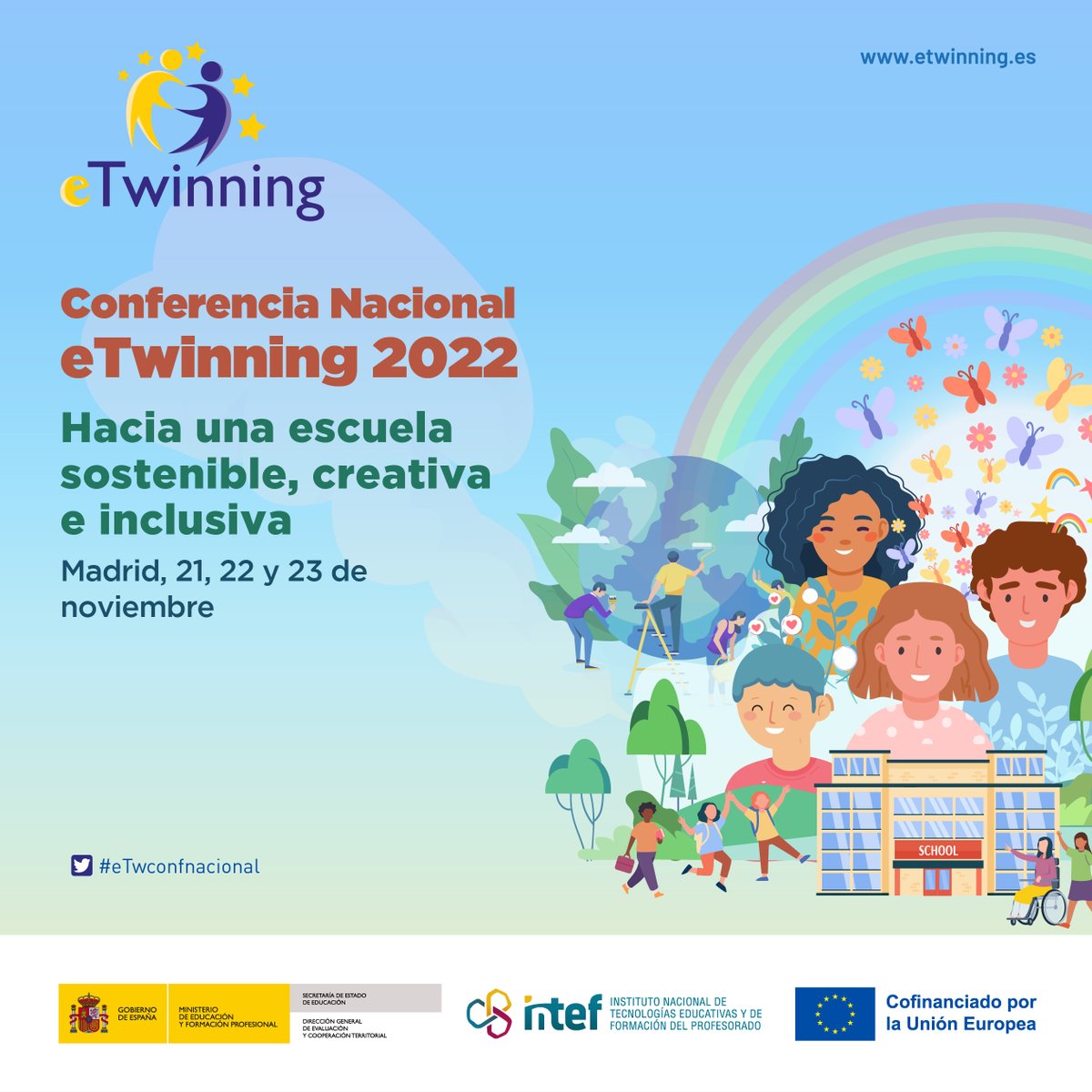 eTwinning_es's tweet photo. 🏫Conferencia Nacional #eTwinning 2022: Hacia una escuela sostenible, creativa e inclusiva 
💡Talleres, actividades y gestión de proyectos #eTwinning
📅21-23 noviembre
🐤Sigue el evento con el hashtag #eTwconfnacional https://t.co/GgzcN2pEkT