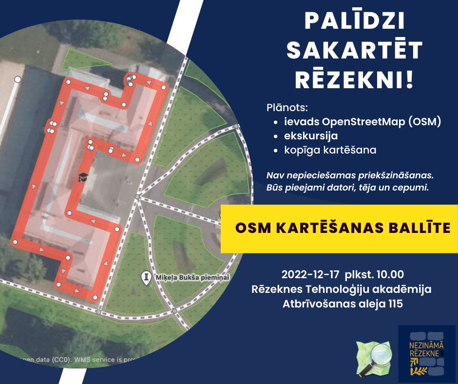 Pirmā #OpenStreetMap kartēšanas ballīte Latgalē - aiziet uz Rēzekni :)
17. decembrī 10:00 tiekamies jaukajā Rēzeknes Tehnoloģiju akadēmijā.
openstreetmap.org/way/373252885

Pēc ekskursijas - brīnišķīga iespēja pamēģināt zīmēt karti pat tad, ja tas nekad iepriekš nav darīts.