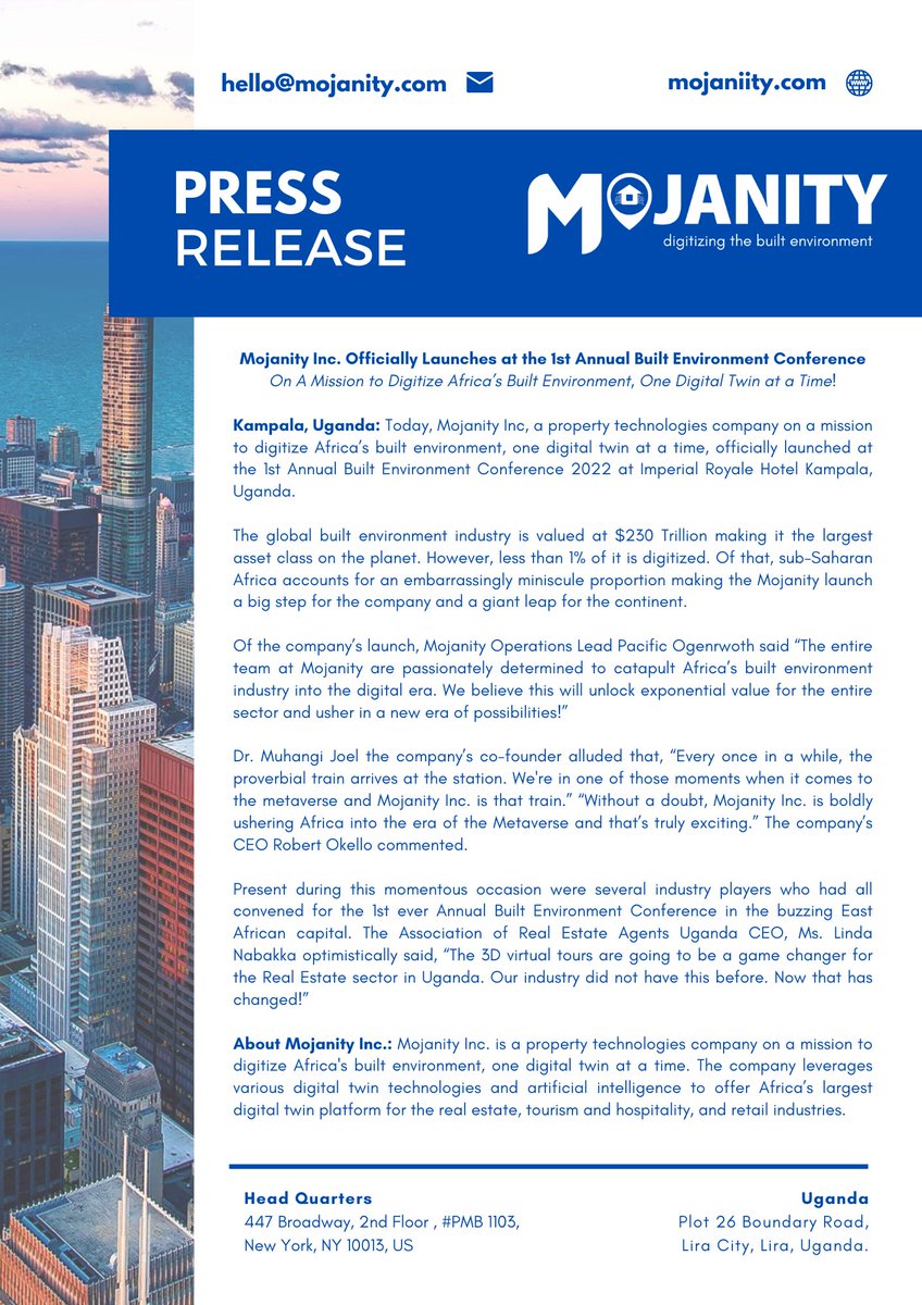 MojanityInc's tweet photo. PRESS RELEASE: Mojanity Inc launches in Uganda at the 1st Annual Built Environment Conference 2022 at Imperial Royale Hotel Kampala, Uganda. https://t.co/BKDSi2SVsw