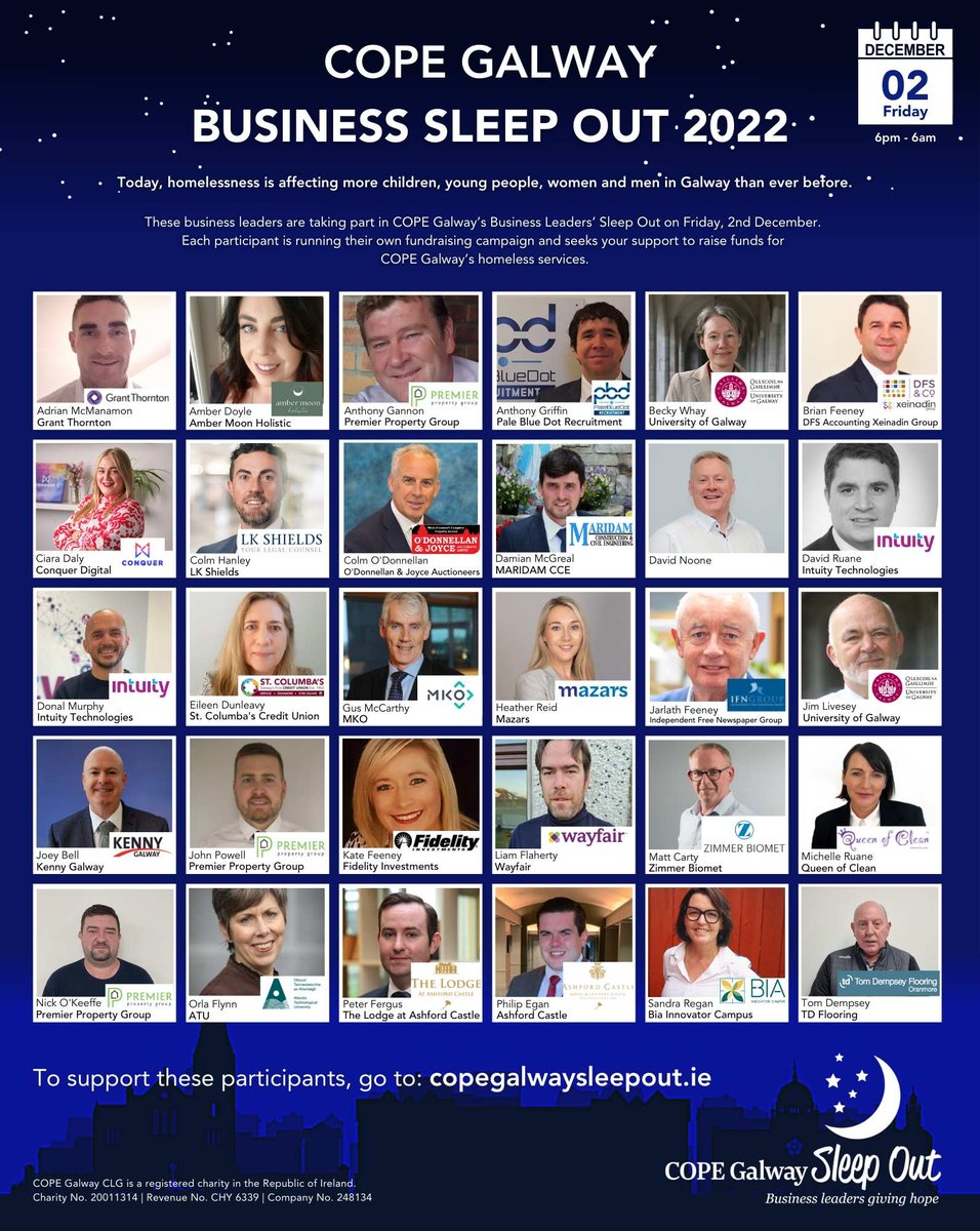 MKOIreland's tweet photo. MKO is delighted to support @COPEGalway with their Business Leaders' Sleep out. Gus McCarthy, MKO Planning Director, will participate in the sleepout again this year. Please show your support for this worthy cause and sponsor Gus: https://t.co/D6QT9DeWsy
#copegalwaysleepout https://t.co/5QXhLiMu8y