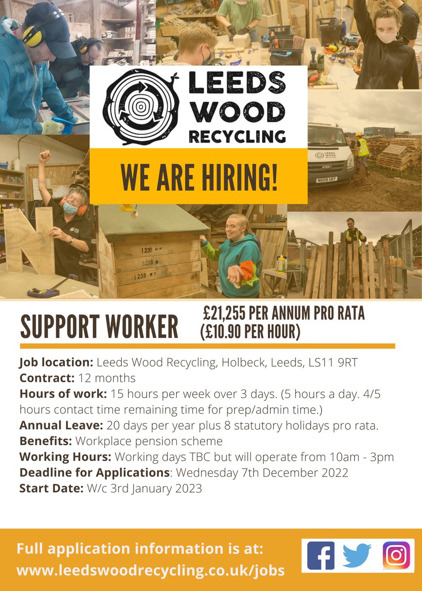 We're recruiting a Support Worker!! More info at leedswoodrecycling.co.uk/jobs Deadline for Applications: Wednesday 7th December 2022 @HunsletRLFC @meninsheds1 @andysmanclubuk @HunsletHub @beestonholbeck @BSLPrimary @leedshackspace @HunsMoorPrimary @DewsburyRoadHub @HamaraCentre