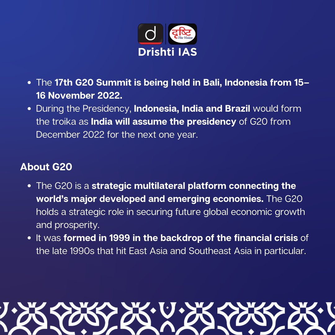 drishtiiaseng's tweet photo. Three priority agendas will be concluded in #G20Summit: Global Health Architecture, Digital Transformations and Energy Transition! Can you quote the theme?

#India #G20 #USA #G20Indonesia #UPSC #Organization #JoeBiden #ISupportDrishtiIAS #IAS #CSE #DrishtiIAS #DrishtiIASEnglish https://t.co/8bRPDrBSx9