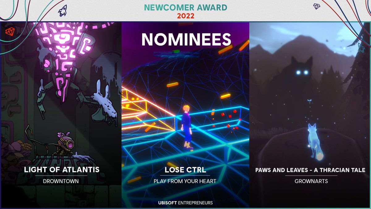 UbiEntrepreneur's tweet photo. Congrats to the talented Ubisoft Newcomer Award nominees:

DrownTown with @LightAtlantis 🤖

@PlayFromHeart with Lose Ctrl ⌨️

and @grownarts with Paws and Leaves - A Thracian Tale 🦊

Looking forward to the German Developer Award on Dec 8th to reveal the winning team! https://t.co/syo7HLw2Gj