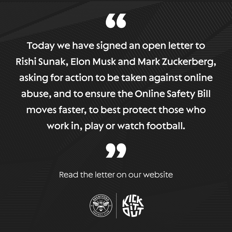 BrentfordFC's tweet photo. A culture of impunity has developed on social media 

The government, and the social media companies, have the power to create meaningful consequences

𝙒𝙚 𝙖𝙧𝙚 𝙘𝙖𝙡𝙡𝙞𝙣𝙜 𝙤𝙣 𝙩𝙝𝙚𝙢 𝙩𝙤 𝙙𝙤 𝙨𝙤

#BeeTogether 🐝