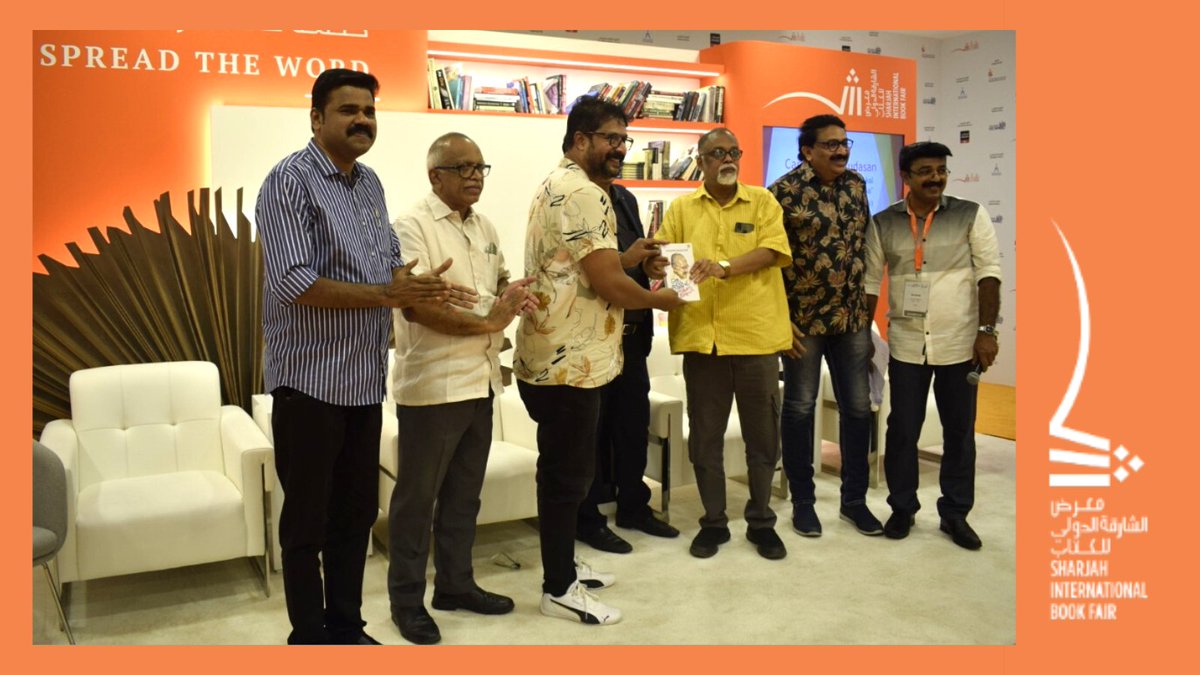 YesudasanTrust's tweet photo. Journalist Shri Anil Kumar AV receives a copy of the Lipi published 'Autobiography of #Cartoonist Yesudasan' from actor Irshad Ali during the 2022 #SharjahInternationalBookFair, #UAE on Nov 4, 2022. Lipi Akbar, Sanu Yesudasan, Basheer Thikkodi, and others next to them. #SIBF22 https://t.co/6YsM5mh2yD